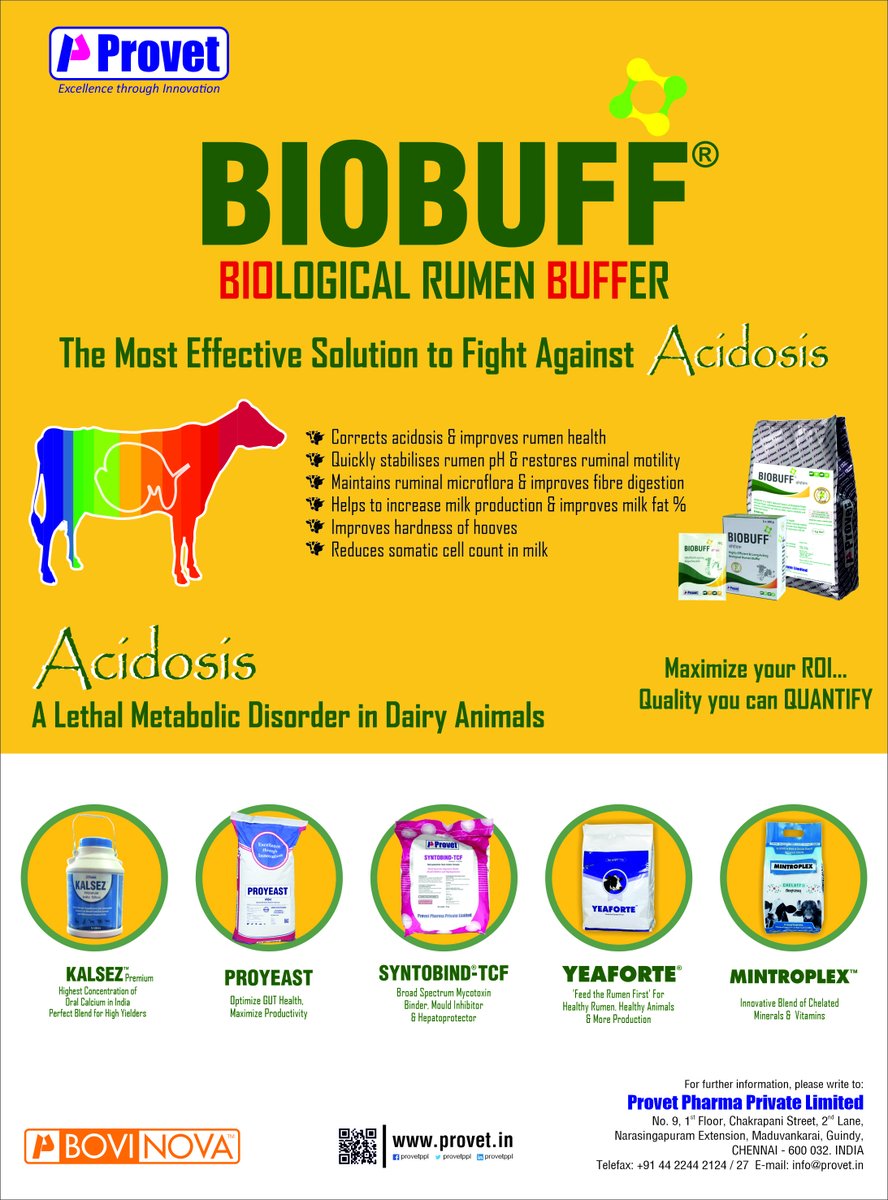 provetppl's tweet photo. BIOBUFF®
Biological Rumen Buffer
The most effective solution to fight against Acidosis
ACIDOSIS:- A Lethal Metabolic Disorder in Dairy Animals
Maximise your ROI.....Quality you can Quantify!
#Provetpharma #Bovinova #Biobuff #Rumenbuffer #DiaryAnimals #Acidosis https://t.co/Ck6Sd4NFND