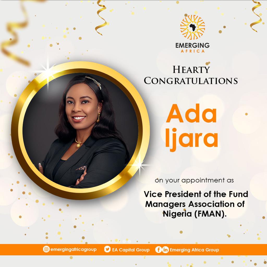 Congratulations Ada Ijara @ada_ijara, Managing Director, Emerging Africa Asset Management Limited, on your appointment as Vice President of the Fund Managers Association of Nigeria (FMAN).

All of us @emergingafricagroup heartily celebrate with you.

Cheers 🥂