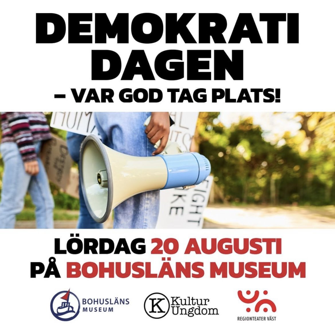 Regionteater_V's tweet photo. DEMOKRATIDAGEN – VAR GOD TAG PLATS! Lördag 20/8 på Bohusläns Museum, Uddevalla.

Välkomna till en kostnadsfri dag för unga om påverkan och kultur! Delta i kreativa workshops, diskutera framtidens kulturliv och ta chansen att ventilera dina tankar med politiker. #vgrkultur https://t.co/NpHabmbd22