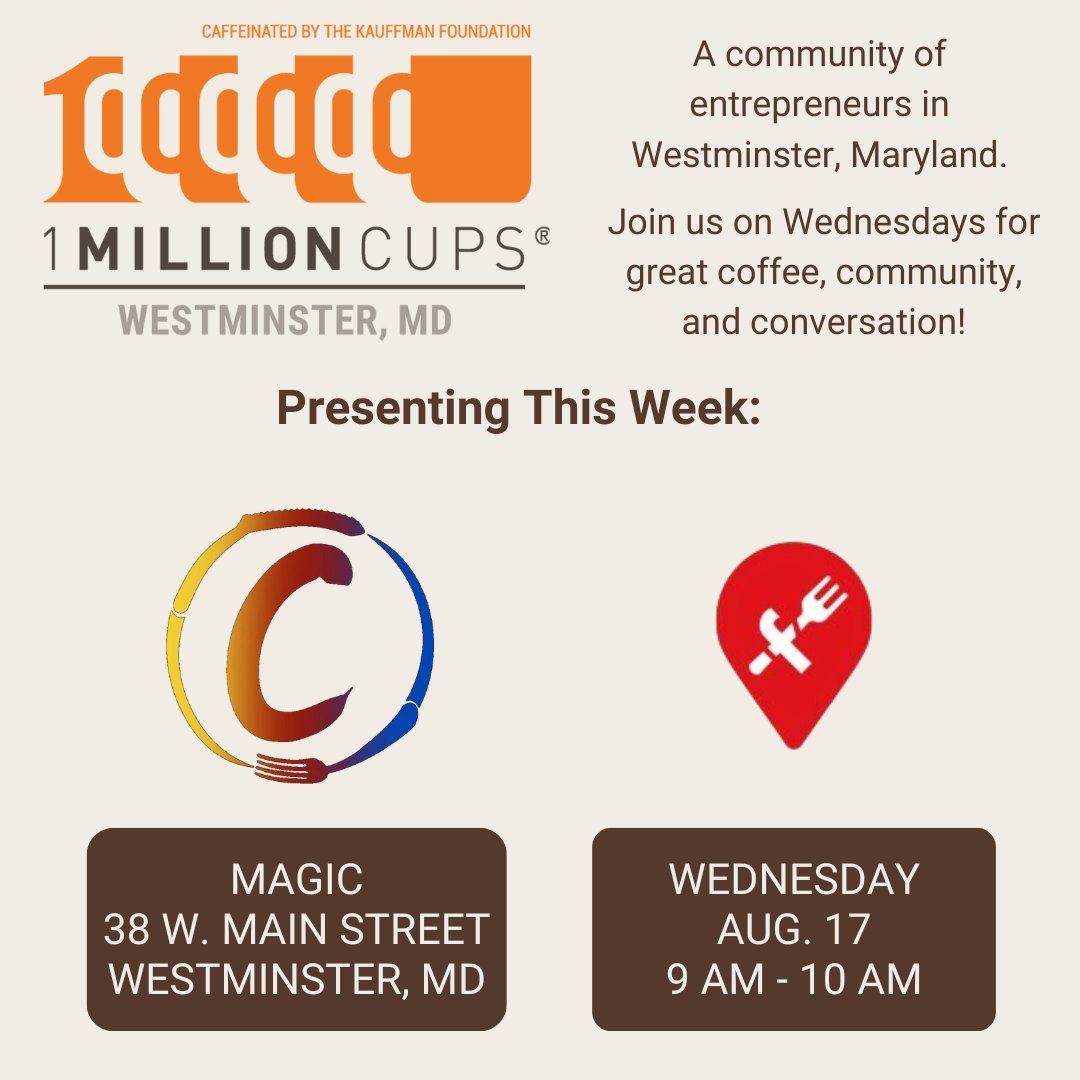 This week's <a href="/1MCWestminster/">1MC Westminster</a> is here to help you #eatlocal! 

Catch #Baltimore's <a href="/FlaveApp/">FlaveApp</a> and #WestminsterMD's own Collision Course (collisioncoursemd.com) tomorrow at 9AM, with a livestream available at facebook.com/1MCWestminster

#CarrollCounty #Maryland #1MillionCups #Foodie