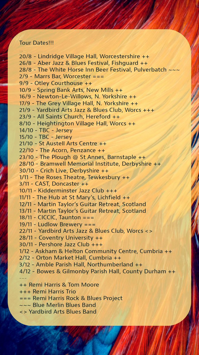 Remi Harris (@remi_harris) on Twitter photo Tour Dates!!!
Dani <a href="/YardbirdArts/">Yardbird Arts</a> has been working hard putting together all of these dates for us. Looking forward to getting back out there!
#jazz #blues #gypsyjazz #guitar #jazzguitar #bluesguitar #jazzmusic #bluesmusic Tour Dates!!!
Dani <a href="/YardbirdArts/">Yardbird Arts</a> has been working hard putting together all of these dates for us. Looking forward to getting back out there!
#jazz #blues #gypsyjazz #guitar #jazzguitar #bluesguitar #jazzmusic #bluesmusic