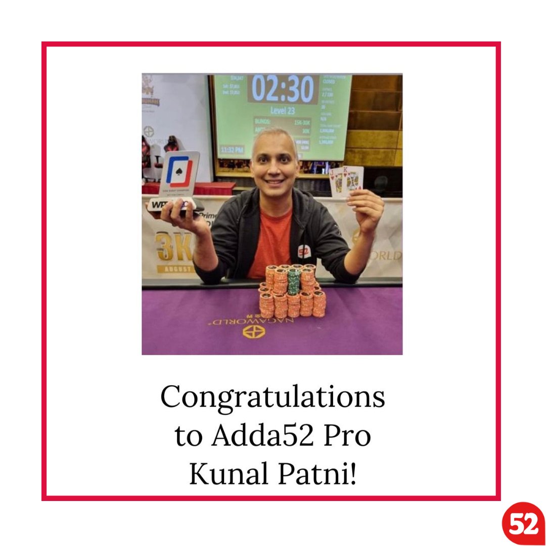Adda_52's tweet photo. Shipping over $7800 at the Deepstack NL Hold'em, Adda52 Pro Kunal Patni made us all proud
at the WPT Cambodia 2022!
@kunalpatni13
#WPT #Adda52 #Adda52Pro https://t.co/cMqGa7Uqyj