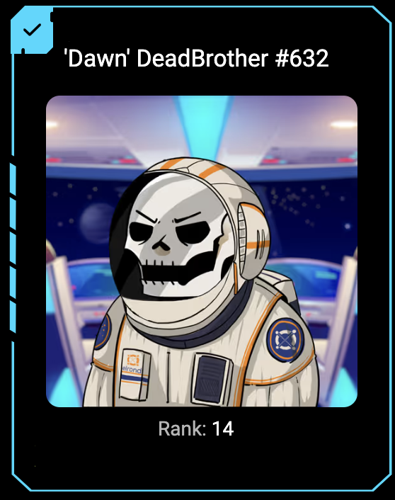 dbrothersclub's tweet photo. DeadBrothers 💀,
PUBLIC #giveaways cannot be organized without HOLDERS #giveaways.
Preparing for the next update, we offer our holders the chance to win this ASTRO 'Dawn' DeadBrother which is rank 14 overall in the entire collection.
Join: https://t.co/jGjiSsGLN4 https://t.co/nFxnAg6eW0