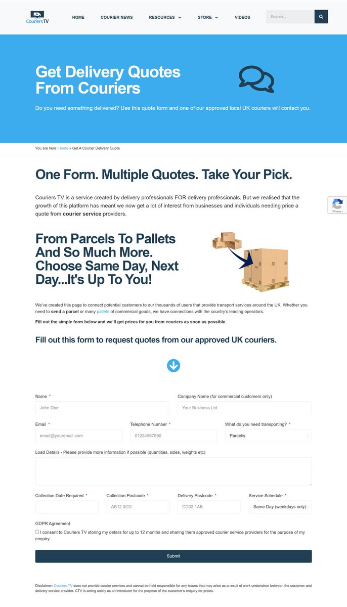 CouriersTV's tweet image. We recently launched a few new feature on the CTV website that aims to connect customers to couriers.

Our new quote request form makes it easy for customers to ask for prices, and we hand the enquiry to approved local couriers from our directory.