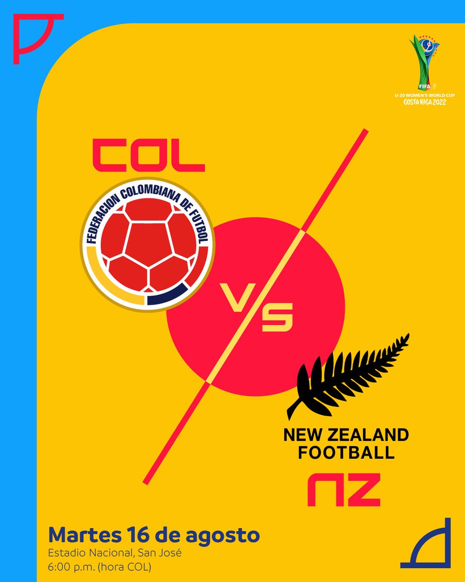 ¡Hoy tenemos una cita con nuestra Femenina Sub 20!

🆚 🇳🇿
🗓 Martes 16 de agosto
🕠 6:00 p.m. (Hora COL)
🏆 Copa Mundial Femenina de la FIFA Sub 20
🏟 Estadio Nacional de Costa Rica
📺 <a href="/GolCaracol/">Gol Caracol</a> golcaracol.com

#VamosColombia🇨🇴