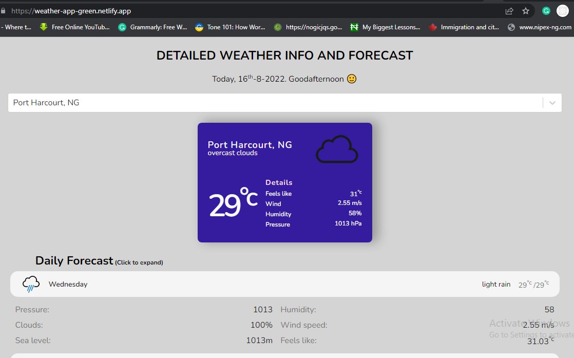 GreenEdwinO's tweet photo. Finally, completed the somewhat detailed Weather Web App, with Forecast, for free use: https://t.co/IACJM6O83P

Thanks to @OpenWeatherMap and @Rapid_API for the free tier raw (satellite) API data.

Enjoy, and please share your honest feedback

#reactjs #javascript #developer #app https://t.co/93kvVZAXkD