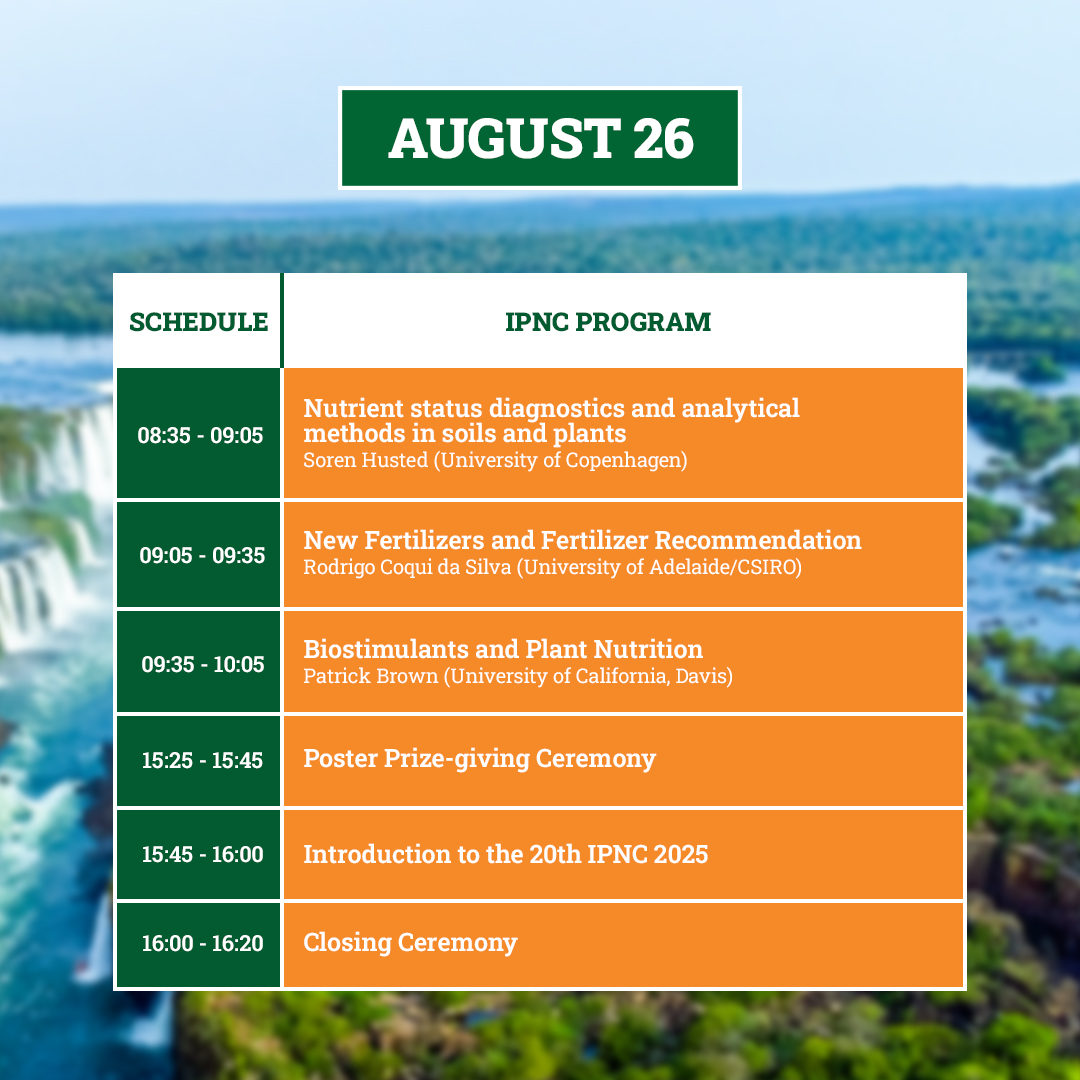 ipnc2022's tweet photo. See the schedule for day 5 of the 19th International Colloquium on Plant Nutrition. Know the schedule, the activities and the professionals who will participate.
If you haven't registered yet, don't miss the opportunity! Go to the website and register now: https://t.co/yyKVrhh2ZS https://t.co/eJDnbDL4Pl