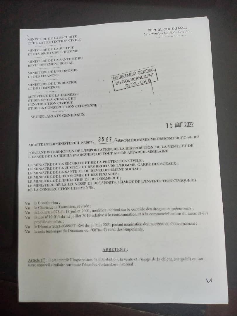 JourDuMali's tweet photo. #Mali #Interdiction #Excitants #narguilé #Chicha
Le gouvernement interdit la consommation et la commercialisation de la chicha dans tout le pays. https://t.co/rYvGTgzEtd