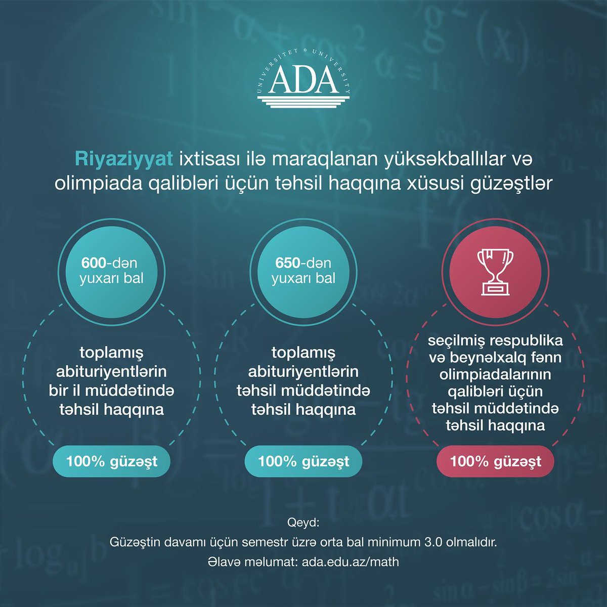 ADAUniversity's tweet photo. Əldə edilən akademik uğur ADA Universitetində yüksək qiymətləndirilir.
DİM imtahanlarında yüksək nəticə göstərən abituriyentlər və Respublika fənn olimpiadalarının qalibləri ADA Universitetinin t��ləbəsi olmaqla təhsil haqqı güzəştlərindən faydalana bilərlər.

#ADAlıol
#Apply2ADA https://t.co/KKBPMnn6rF