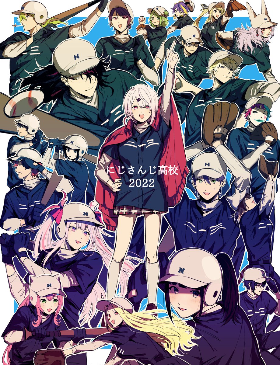 shiina yuika ,takamiya rion multiple girls multiple boys baseball uniform baseball cap baseball mitt baseball bat hat  illustration images