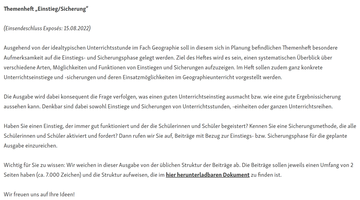 📢 **Aufruf zur Mitarbeit** 📢

🌎💬 Themenheft "Einstieg/Sicherung" 💾🗒️

➡️friedrich-verlag.de/fileadmin/fach…

Frist: 31.08.2022 (verlängert aufgrund der Sommerferien!)

Es gibt schon viele tolle Idee. Wird ein spannendes Heft.

#twlz #Geographieunterricht #GEOtwlz #geographieheute