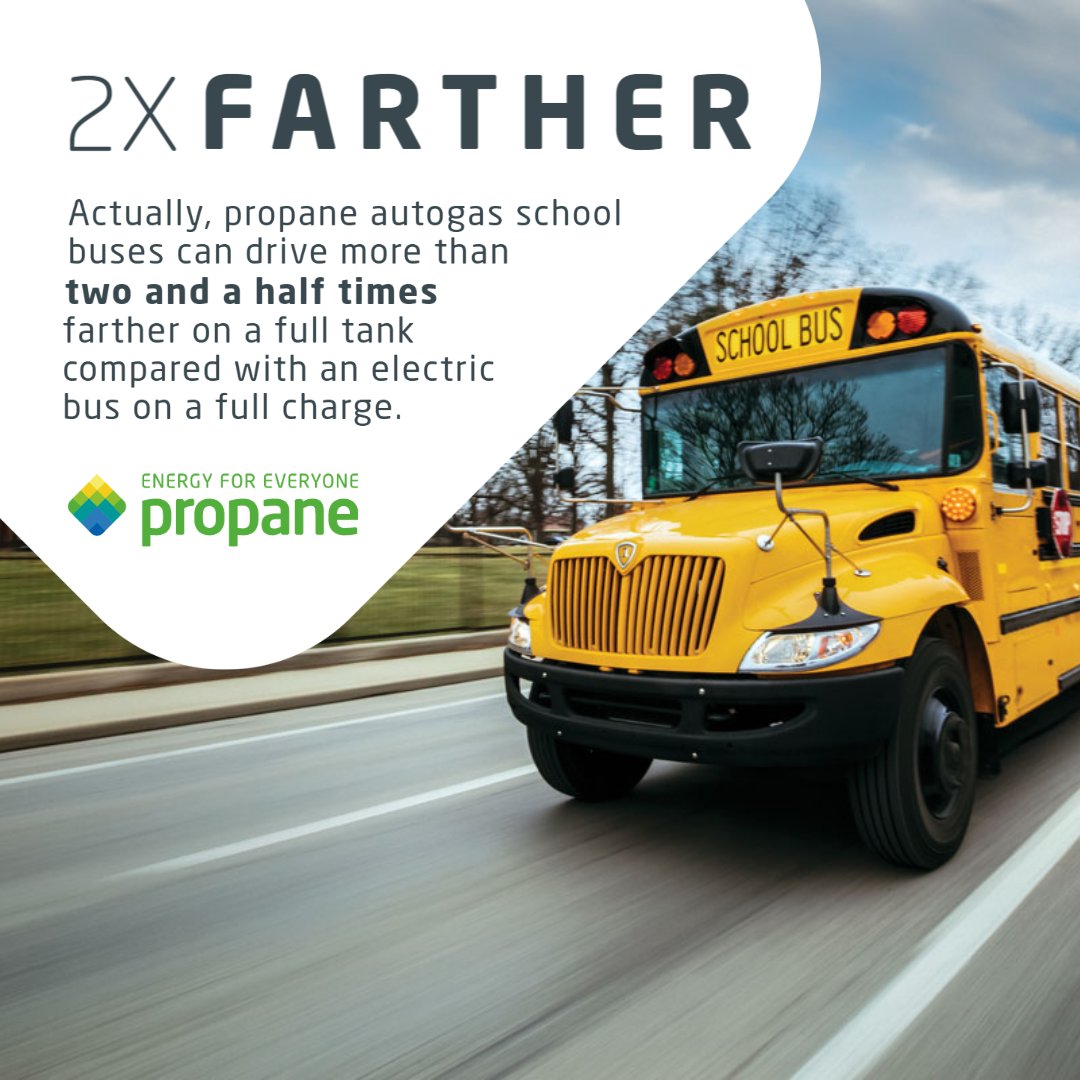 Eastern1932's tweet photo. A typical propane autogas school bus can drive more than two and a half times farther on a full tank than an electric school bus can drive on a full charge, helping your school district save money. #tuesdaythoughts #energyforeveryone #propaneautogas #fuelingyou #fuelingthefuture https://t.co/17H7UZr8x4