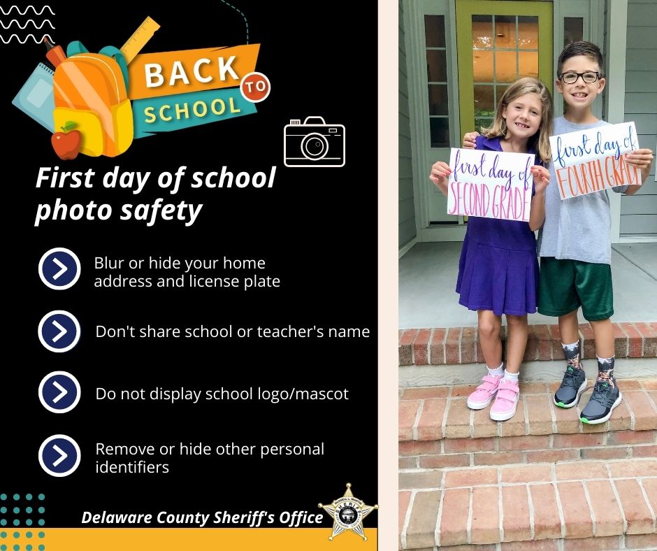 DelCoSheriff's tweet photo. We love seeing those adorable back-to-school photos of the kiddos. But before you post about your child's first day of school, please keep the following in mind.
(See THREAD- 1/4)⬇️⬇️ https://t.co/isPYbalyKx