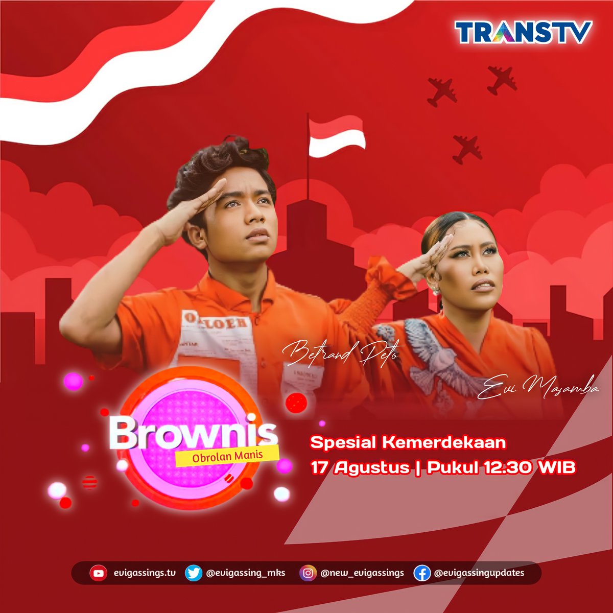 EVIGASSING_MKS's tweet photo. Haii evigassing dimanapun berada
Jangan lupa saksikan penampilan Evi Masamba & Betrand Peto di Brownis Trans TV spesial hari kemerdekaan
Besok siang pukul 12.30 WIB
LIVE di Trans TV
#EviMasamba
#evigassingindonesia https://t.co/x13wsUIzGK
