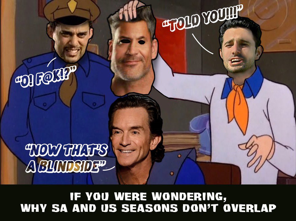 If you wondering why SA and USA seasons don’t overlap…
<a href="/RiaanRautenbac3/">Riaan Rautenbach</a> <a href="/AlsoDino/">Dino Paulo</a> <a href="/KillarneyJones/">Killarney Jones</a> <a href="/SzMeryl/">Move With Meryl</a> <a href="/Survivor_SA/">Survivor_SA</a> <a href="/ozzieSVR/">ozzie</a> <a href="/MarianDeVos3/">Marian De Vos</a> <a href="/RoShambo42/">Tejan Pillay</a> <a href="/NicoPanagio/">NICO PANAGIO</a> <a href="/taupalesavoice/">Palesa Tau</a> <a href="/lerouxbotha/">leroux botha</a> <a href="/ToniTT79/">Toni Nton Nton</a> <a href="/stefonthebrink/">Steffi Brink</a> @MemesSurvivor <a href="/RealityRadioPod/">Reality Radio Pod</a> @PhilSurvivorS9 @