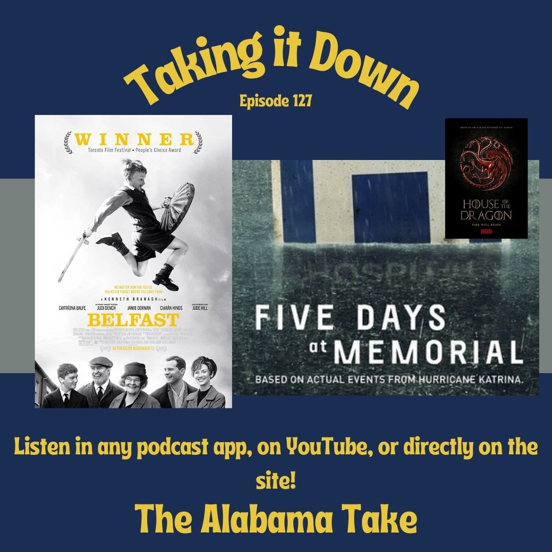 TakingItDownPod's tweet photo. This week's episode of Taking It Down is out and has the gang talking (without Donovan, sadly) a little about Belfast and a lot about Five Days at Memorial on Apple TV+. Plus, the #DoneUpRealGood Listener of the Week! Here's a link on Apple Podcasts: https://t.co/bHqqp7DbQZ https://t.co/CUk0kbJnwG