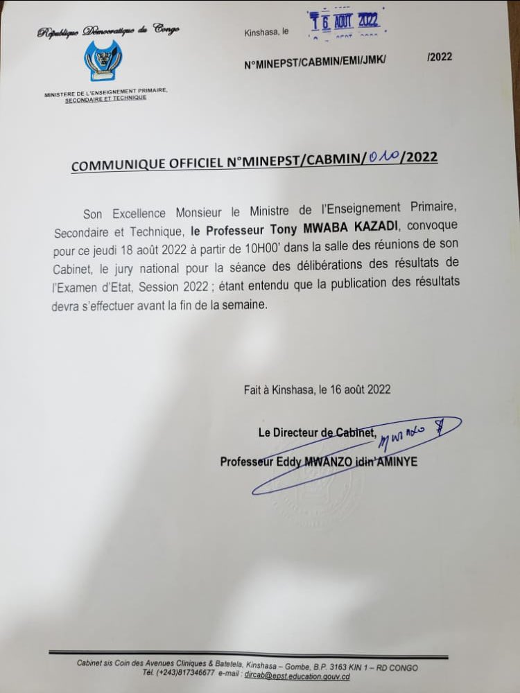 EXETAT 2022 : le Ministre Tony Mwaba convoque  ce jeudi 18 août le  jury national  pour une séance des délibérations des résultats