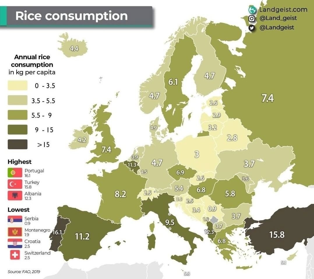NVPORTUGAL's tweet photo. #LeSaviezVous : Avec 16,1Kg de riz par an et par habitant, les portugais sont les plus gros consommateurs de riz en Europe !
Le Portugal 🇵🇹 est suivi de la Turquie 🇹🇷 (15,8Kg) et de l'Albanie 🇦🇱 (12,3Kg). https://t.co/tqdPnQnX7b