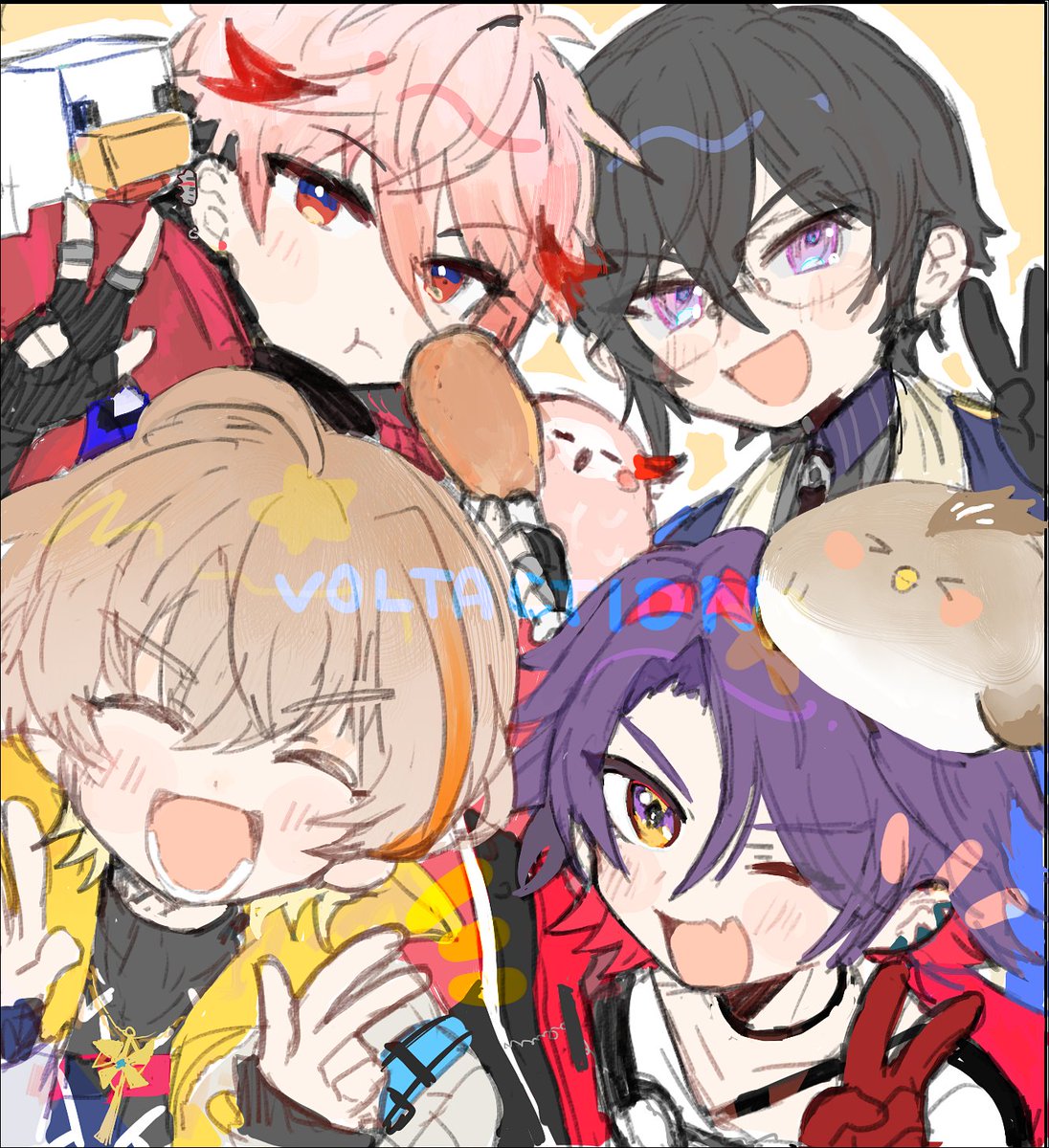 multiple boys 4boys pink hair gloves glasses v male focus  illustration images