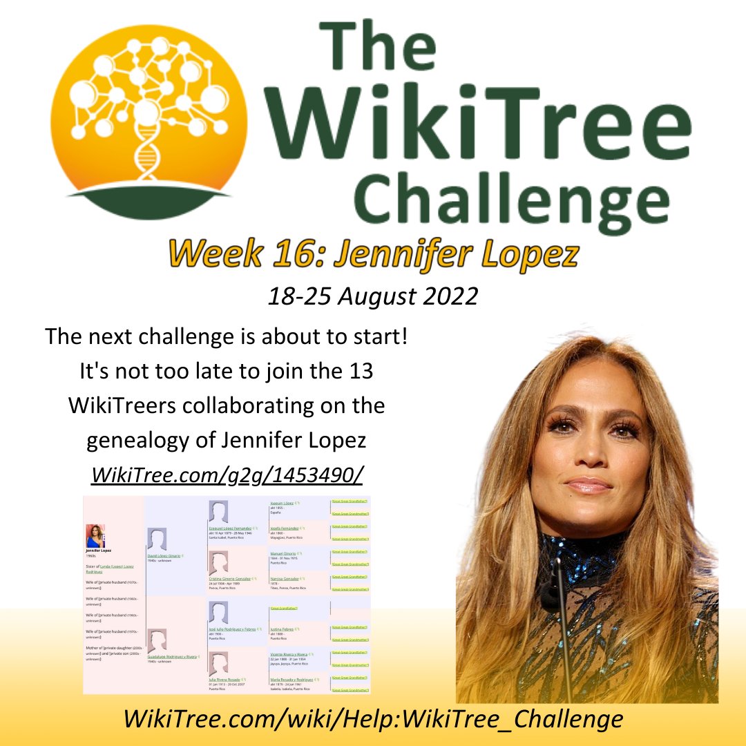 WTChallenge's tweet photo. #WTChallenge Week 16 is about to start! There's still time to join in on the fun! @jlo 
https://t.co/R2zuxuXCRr
#YearOfFamilyConnections #CollaborativeGenealogy https://t.co/Q604vAPkxd