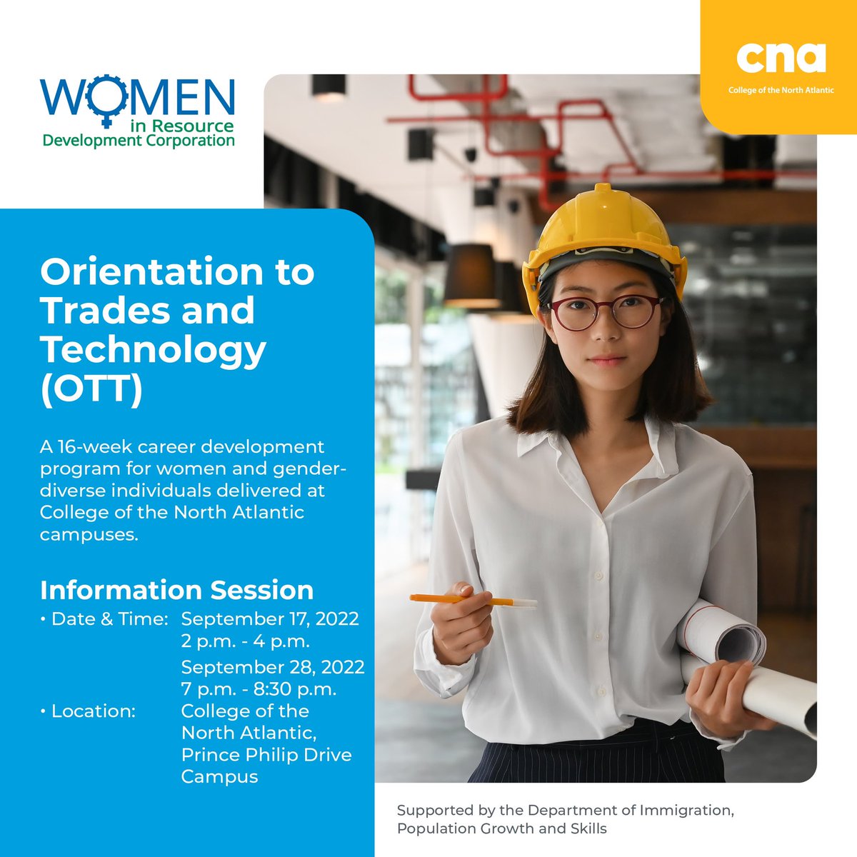 WRDC_News's tweet photo. Are you looking for your next step, and aren’t sure how to get there? We have orientations on September 17th and 28th introducing our Orientation to Trades and Technology program. Please join us down at College of The North Atlantic, and see if the program is right for you! https://t.co/20QlHHly1X