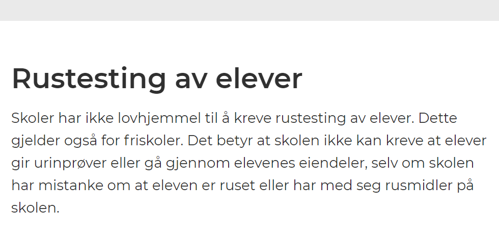I dag er det skolestart🎒 
<a href="/Udir/">Utdanningsdirektoratet</a> sine retningslinjer er klinkende klare: Skoler har ikke lov til å rusteste elever. Skolene har heller ikke lov til å innhente "frivillig" samtykke til rustesting. 
Les mer her: udir.no/regelverk-og-t…