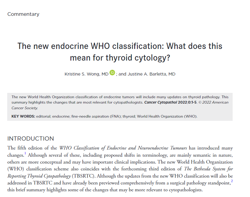 CancerCytopath's tweet image. The new @WHO classification of endocrine tumors will include many updates on thyroid pathology. This summary highlights the changes that are most relevant for cytopathologists: acsjournals.onlinelibrary.wiley.com/doi/full/10.10… 

#EndPath
#EntPath
#FNAPath 
#CytoPath 
@bfaquin