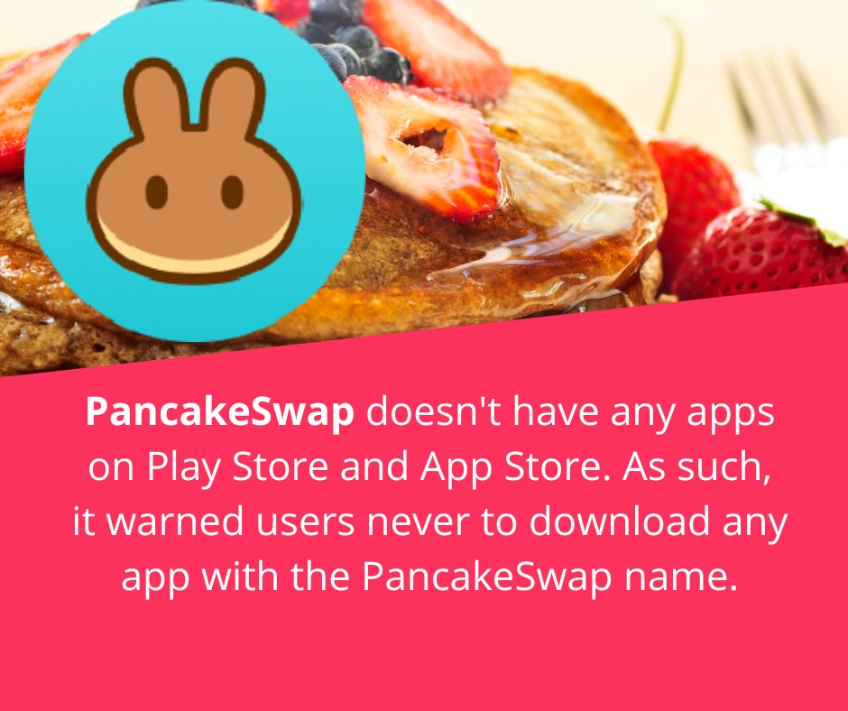 MansaMu08087648's tweet photo. PancakeSwap doesn't have any apps on Play Store and App Store. As such, it warned users never to download any app with the PancakeSwap name.

#pancakeswap #playstore #appstore https://t.co/mT8l9AwMhI