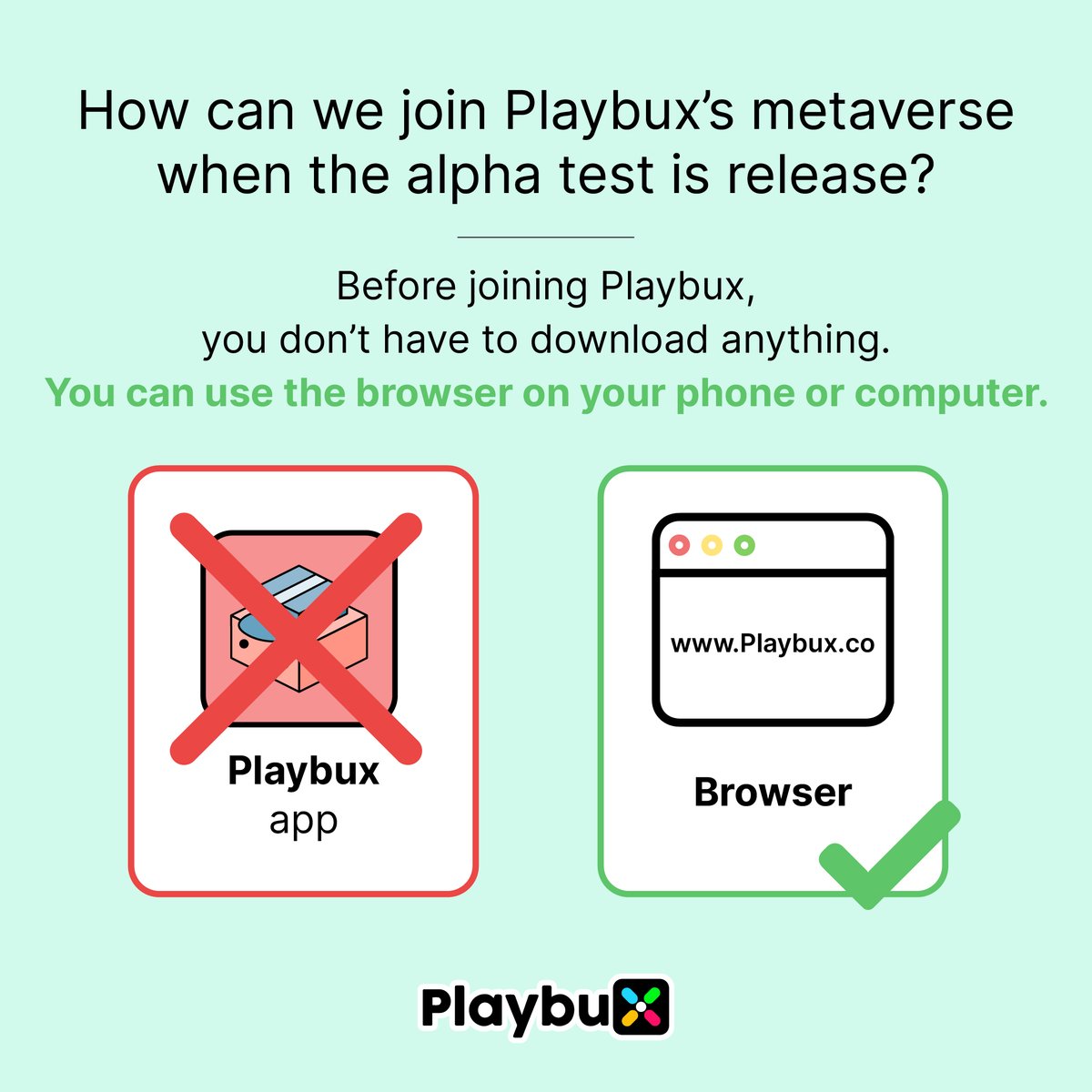 playbuxco's tweet photo. There's no need to get an app. You can use your cell phone to join Playbux metaverse.

#binancelabs  #binance
#bnbchain #Playbux 
#Shoptoearn #Metaverse 
#NFTs #NFTsDROP https://t.co/DVLwoPaxxm
