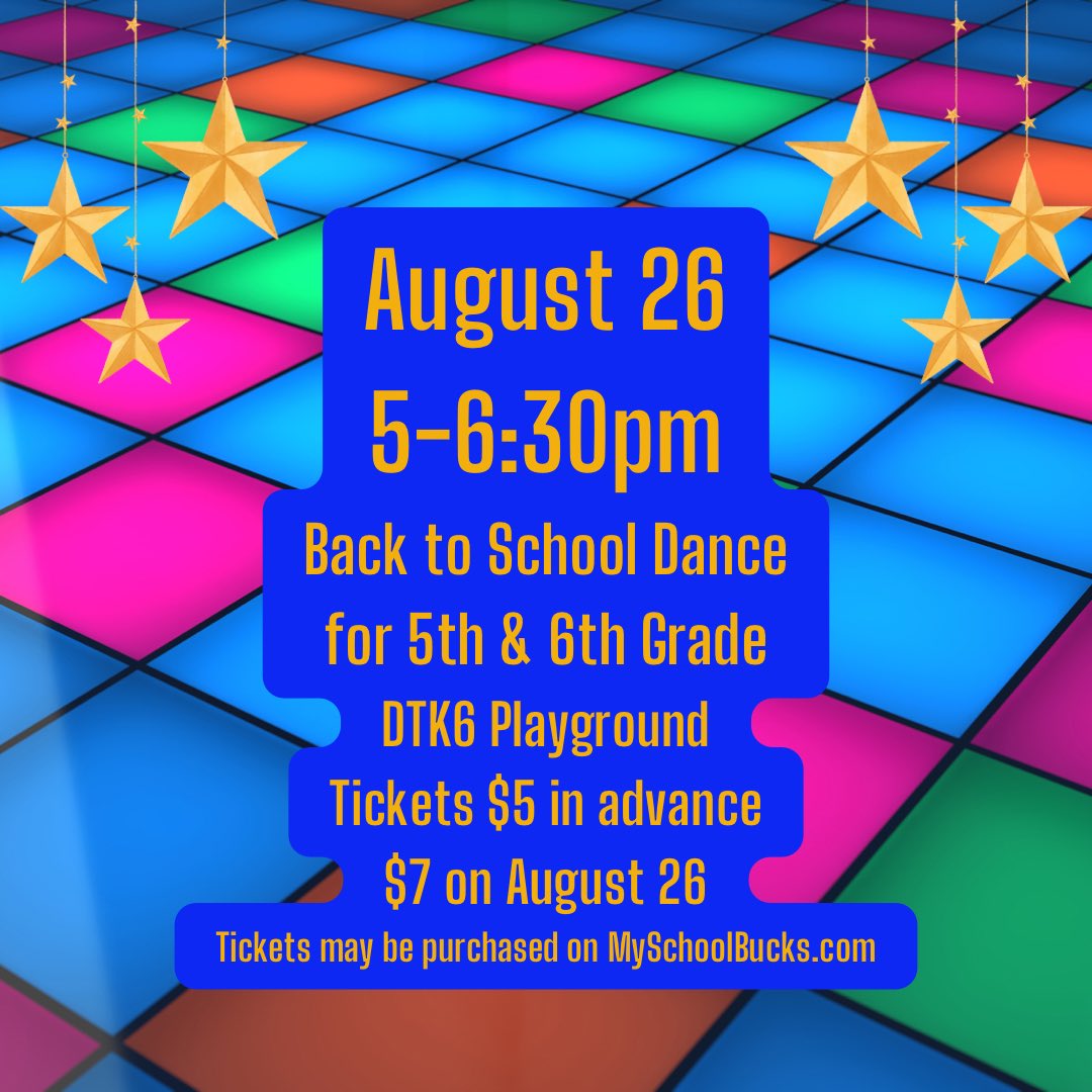 Our first dance of the year!! All eStem Downtown 5th and 6th grade students are invited to our Blue &amp; Gold Back to School Dance! Tickets can be purchased on MySchoolBucks.com or with cash at Luck-ees each morning.
August 26
5:00-6:30pm
DTK6 Playground
Snacks &amp; drinks $1