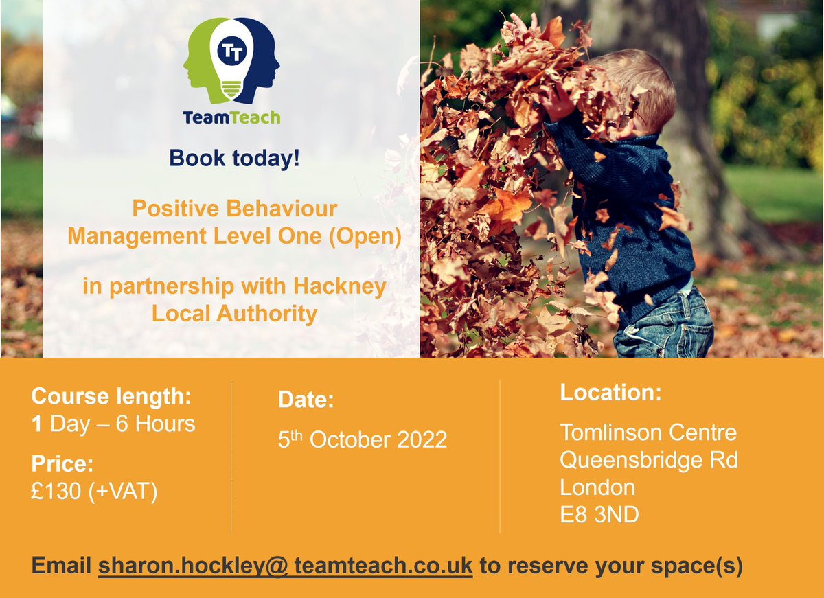Sharon_Hockley's tweet photo. @TeamTeachLtd places available on our Level 1 course with @hackneysuccess on 5th October 2022. DM to secure your place.
#teamteach #training #edutwitter #hackney #Hackneysuccess https://t.co/1GU2lu7XIF