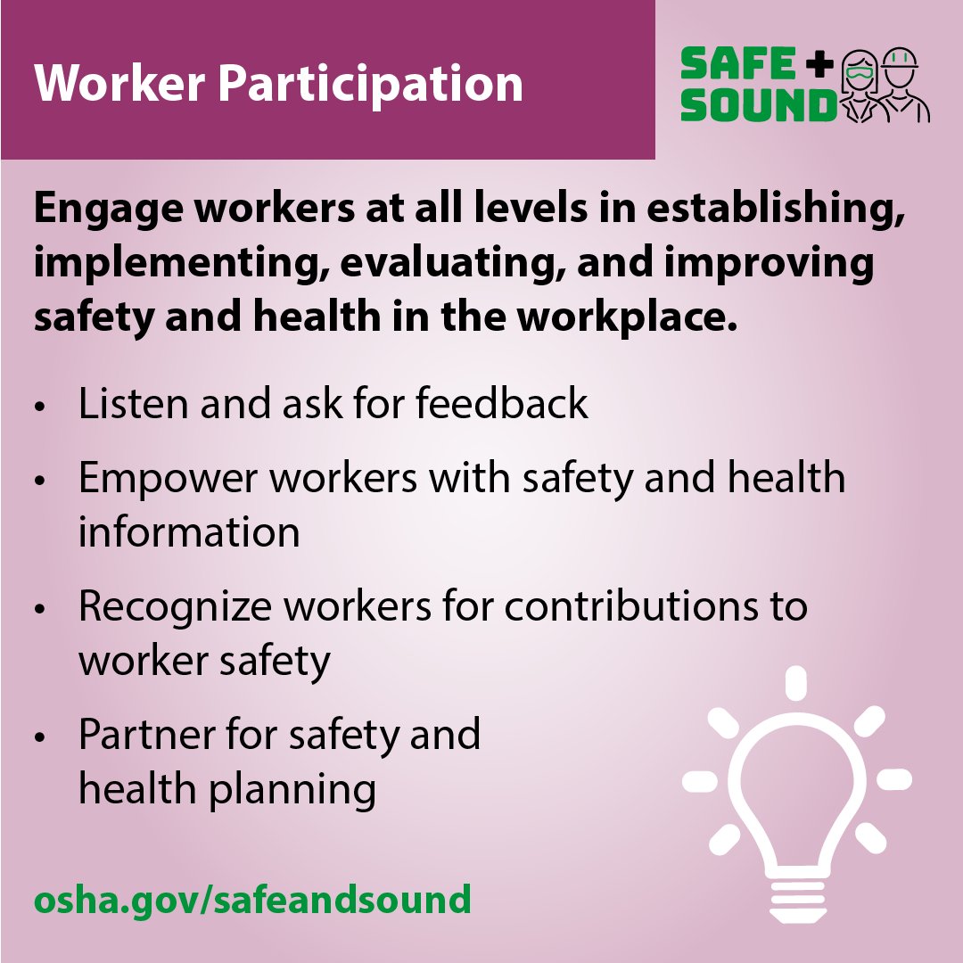 It’s here! It’s Safe and Sound Week 2022 🎉

Here are some of the infographics on: finding in fixing hazards, management leadership, and worker participation

Is your company participating?! Tag us! 

<a href="/OSHA_DOL/">OSHA_DOL</a> #asspregionvi #osha #SafeAndSoundweek