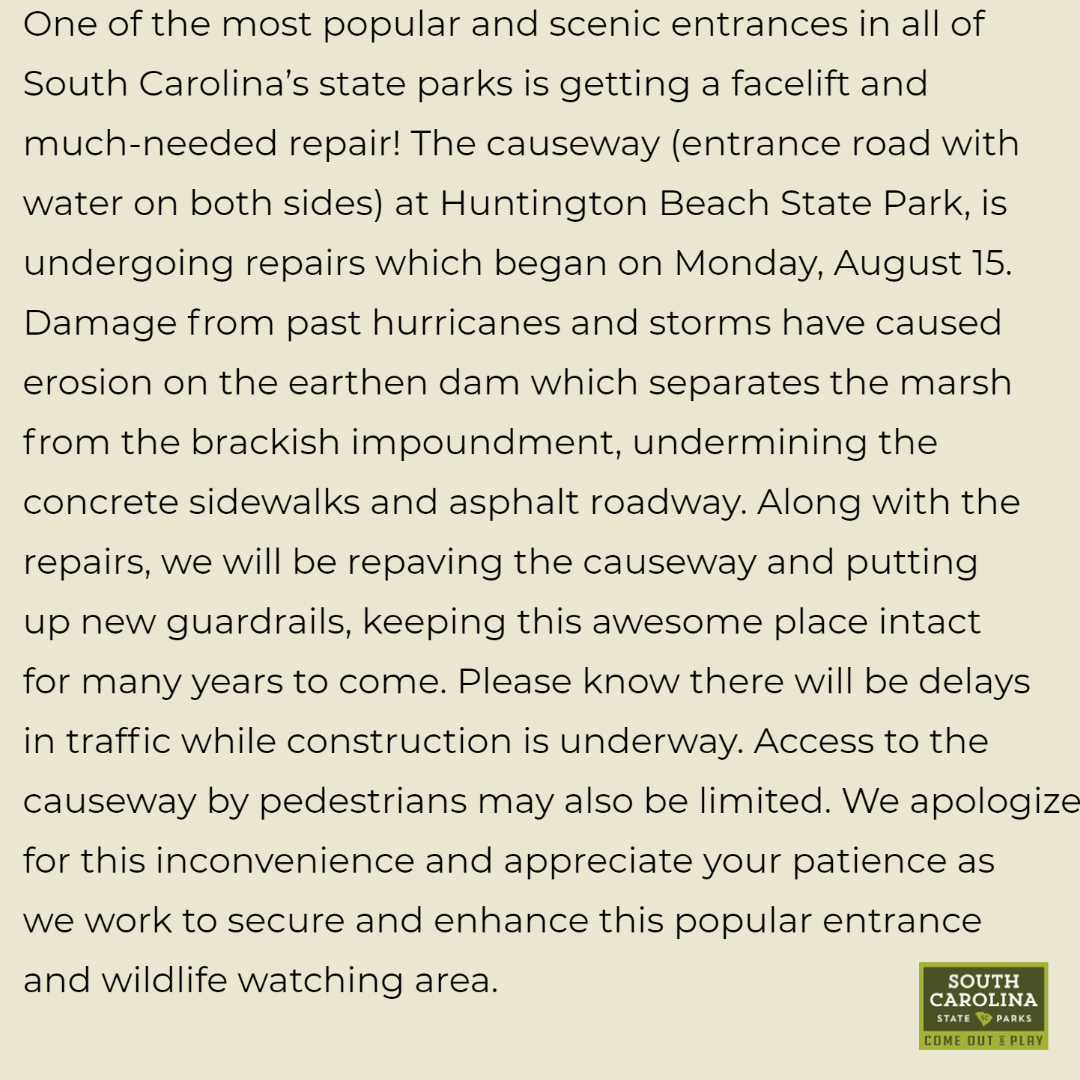 Please be aware of this construction taking place at Huntington Beach State Park: https://t.co/2OA9hQoiLh