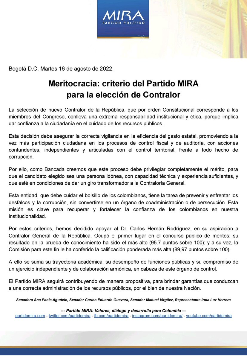 PartidoMIRA's tweet photo. Comunicado:

Decisión del @PartidoMIRA frente a la elección del Contralor General @CGR_Colombia. https://t.co/cFoxIPPR59