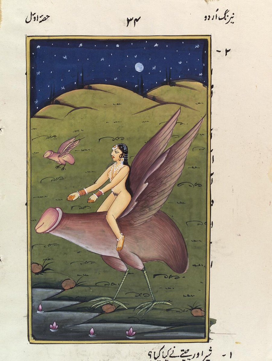 RoseBower1981's tweet photo. @WhoresofYore @ExploreWellcome The woman seems to be better at collecting flying body parts than the man.

A woman riding on an enormous winged penis. Gouache painting by an Indian painter. 
Date[between 1900 and 1999
Wellcome collection https://t.co/5s4HYdzQm8