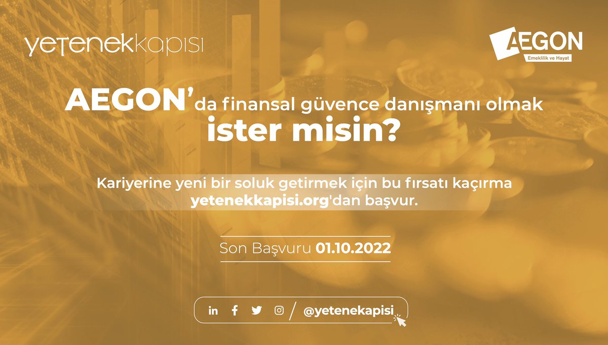 Geleceğin Finansal Güvence Danışmanı Sen Olabilir Misin? 

@aegonturkiye Emeklilik ve Hayat, yeni çalışma arkadaşlarını arıyor. Kariyerine yeni bir soluk getirmek istiyorsan, başvurunu bekliyoruz! @tccbiko
 
🗓 Son Başvuru: 1 Ekim 2022
🔗 yetenekkapisi.org