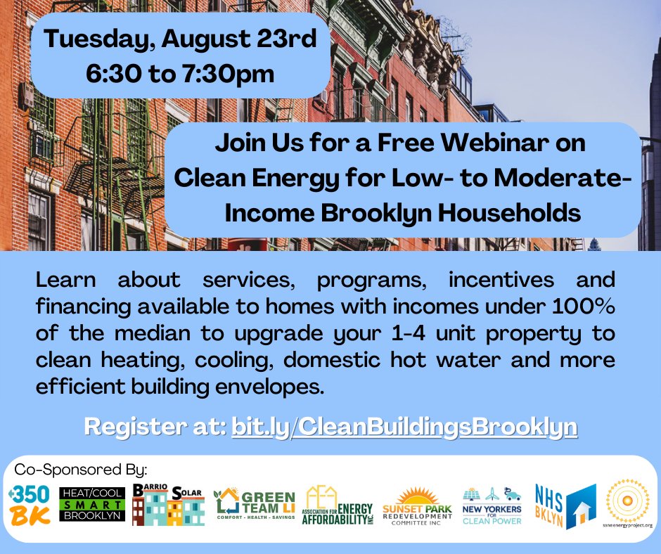 Homeowners, learn about energy efficiency repairs.  Tues. 8/23@6:30pm. To RSVP, go to bit.ly/CleanBuildings… <a href="/RitaJosephNYC/">Rita Joseph</a> <a href="/kevinparkernyc/">Senator Kevin Parker</a> <a href="/SenatorPersaud/">Roxanne J. Persaud</a> <a href="/SenatorMyrie/">NYS Senator Zellnor Y. Myrie 米维</a> <a href="/CMFarahLouis/">Council Member Farah N. Louis</a> <a href="/nypublicservant/">Dante Arnwine</a> @Daph_NYC_ <a href="/BrooklynCB5/">BK Community Board 5</a> <a href="/FrontusAD46/">FrontusAD46</a> <a href="/PLGNAnyc/">PLGNA</a> <a href="/CMAriKagan47/">Council Member Ari Kagan</a> <a href="/CMMercedesCD46/">Mercedes Narcisse</a>