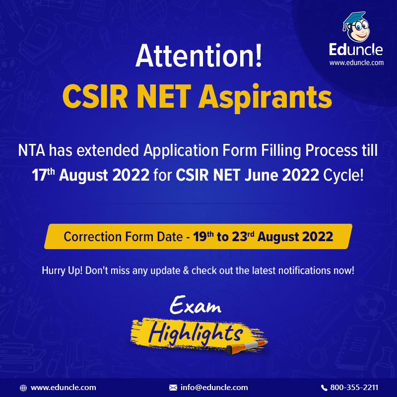EduncleIndia's tweet photo. 📢 Attention #CSIRNET Aspirants!
NTA extended filling of CSIR NET Application Form till 17th August,22

CSIR NET Correction Window will be opened from 19th to 23rd Aug.

Check latest update here: https://t.co/3PImj6NG8b

#csirnet2022 #csirugcnet #csirnetapplicationform #Eduncle https://t.co/xryZn9vGQe