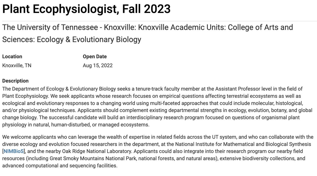 UTK_EEB's tweet photo. Job in Plant Ecophysiology @UTK_EEB 

🪷 Job start: Aug 2023
🍊 Location: Knoxville, TN, USA
🌴 Level: Assistant Prof (TT)
🌲 Application review starts: Sept 16, 2022

🌾 Apply &amp; info: https://t.co/1fNzs8GdV3

Please RT!

#Ecophysiology #Physiology #Botany #Ecology #TT #jobs https://t.co/8GYItKkeRg