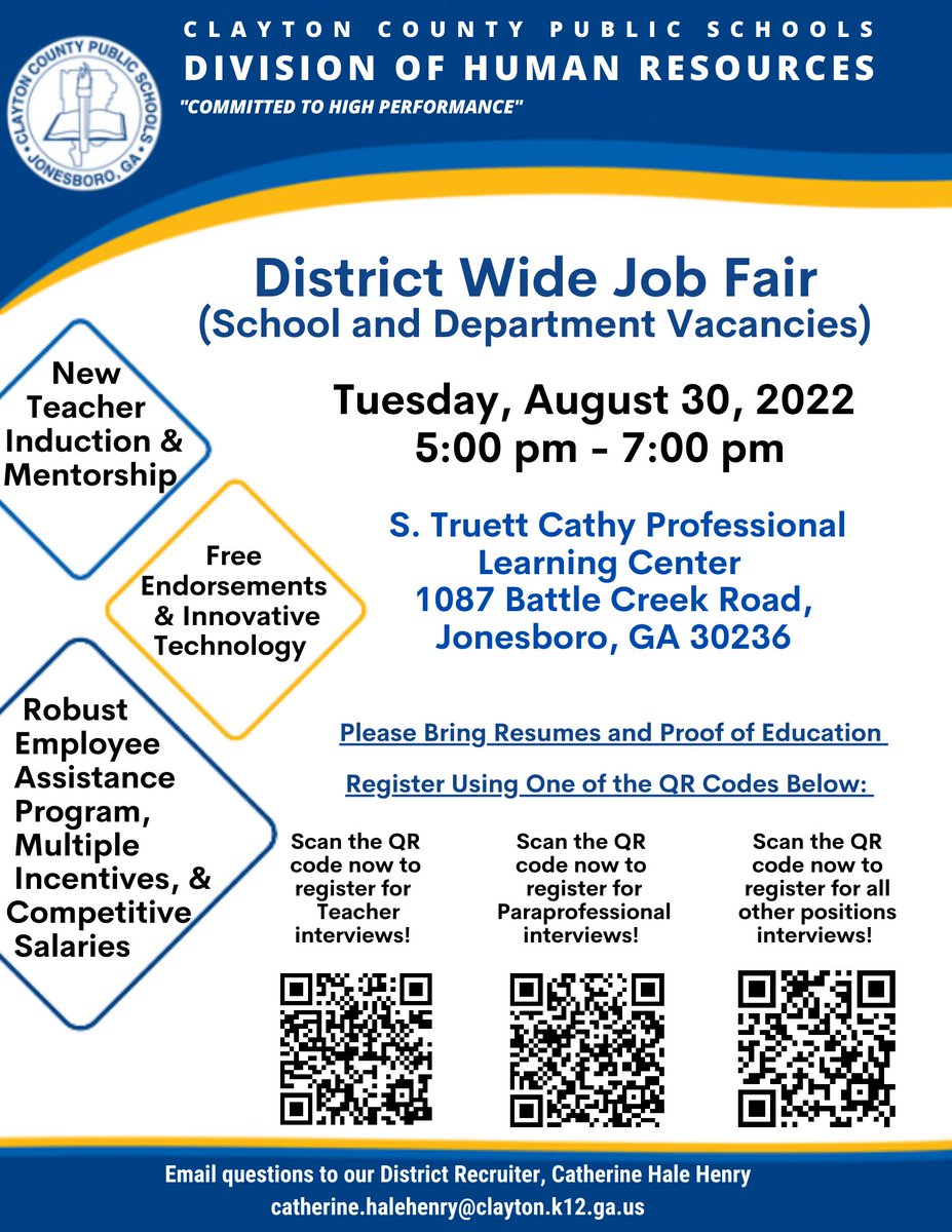 REMINDER: CCPS will host a District-Wide Job Fair on Tuesday, August 30, 2022. To be held at the S. Truett Cathy Professional Learning Center from 5:00 p.m. to 7:00 p.m., all interested individuals are encouraged to participate.

For more information: facebook.com/ccpsnews/posts…