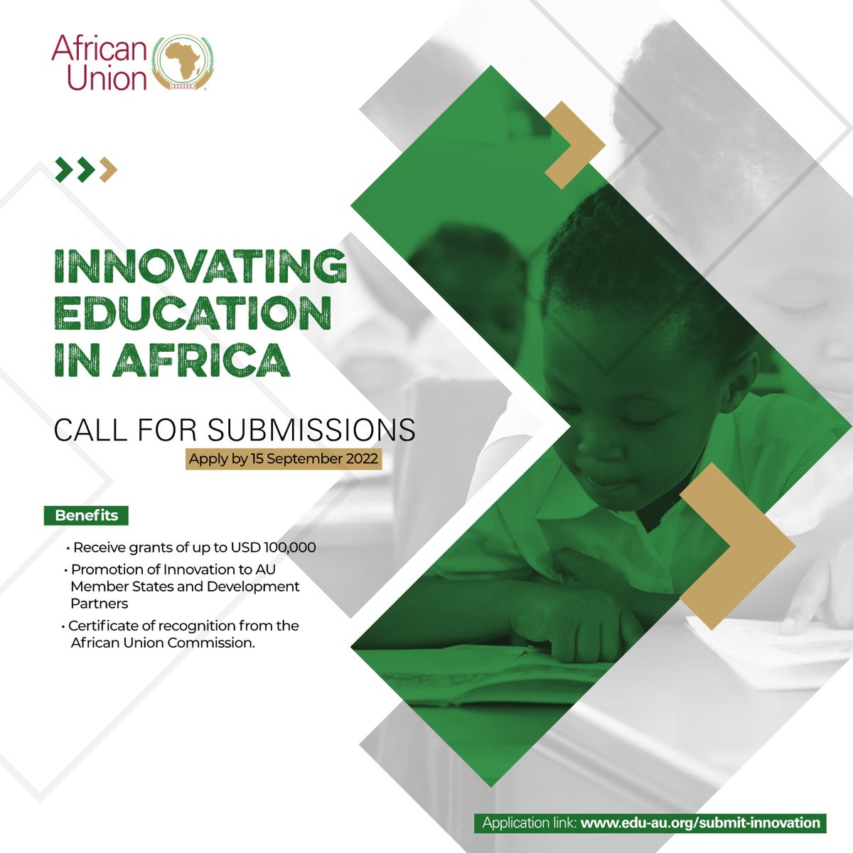AUCEducation's tweet photo. If your organisation is implementing an innovative solution in education in Africa, the @_AfricanUnion is looking for you. Applications close on 15 September 2022.
More information at: https://t.co/fPJdsJTTXS https://t.co/GvrMKcLzrO