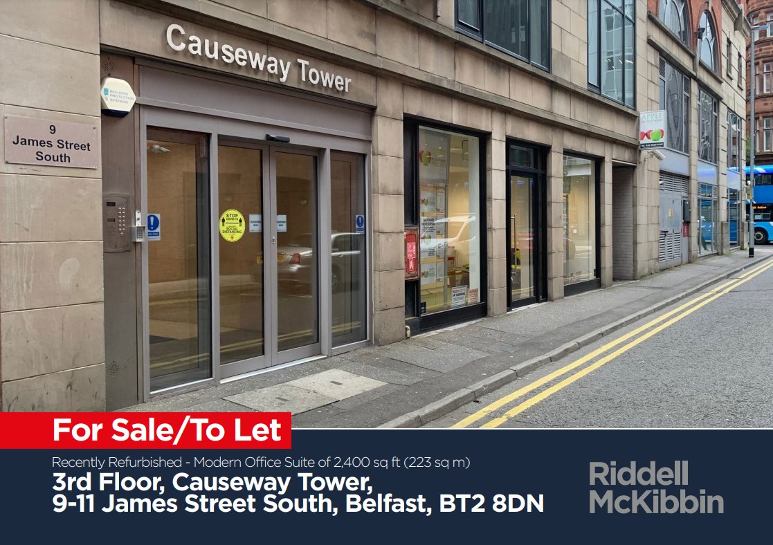 NEW INSTRUCTION - FOR SALE / TO LET
3rd Floor, Causeway Tower, 9-11 James Street South, Belfast BT2 8DN

Recently refurbished office suite comprising c.2,400 sq ft. Immediately available. 
Contact RiddellMcKibbin.com  to arrange a viewing.
linkedin.com/posts/riddell-…
