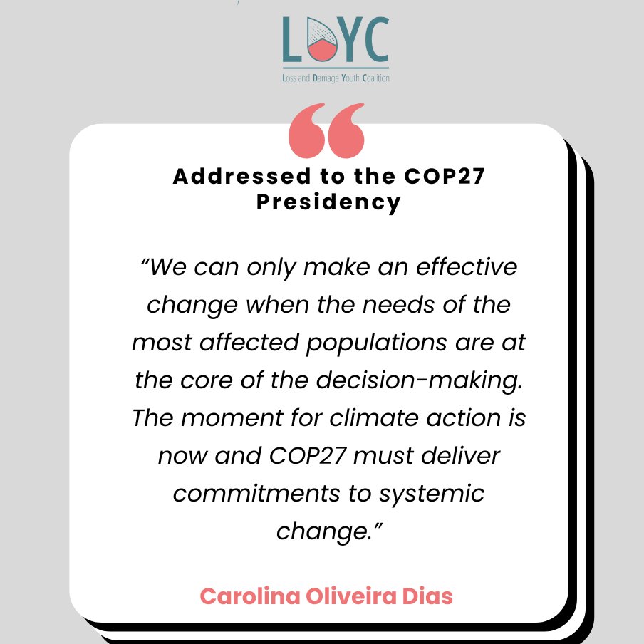 In the voices of youths lie the tangible expressions of what it means to live now and in the future if no action is taken in a world plagued by #climatechange. 

Meet LDYC’s Carolina Oliveira who addressed the COP27 presidency by reflecting on #lossanddamge in Brazil: