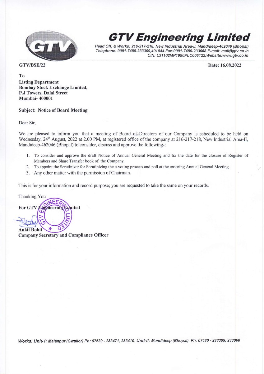 GTV Engineering Ltd - 539479 - Board Meeting Intimation for To Consider And Approve The Draft Notice Of AGM And Fix The Date For The Closure Of Register Of Members And Share Transfer Book Of  The Comp