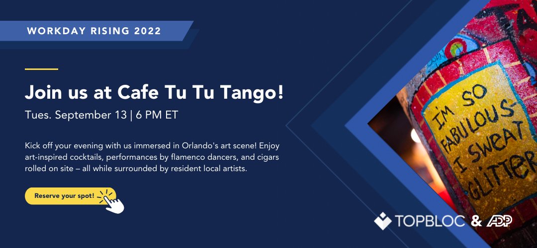 TopBlocHQ's tweet photo. Celebrate with us at #WDAYRising! We've partnered with @ADP to kick off our after-hours festivities! Immerse yourself in the Orlando art scene at with us as we enjoy performances by flamenco dancers, art-inspired cocktails, &amp; cigars rolled on site. 

RSVP: https://t.co/UQDGg80dJ7 https://t.co/eurmg5Neyi