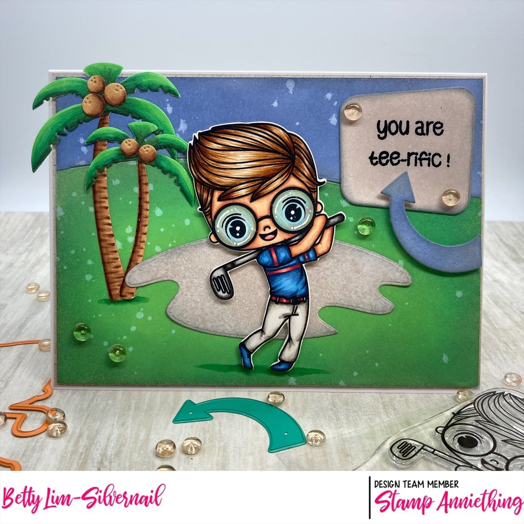 StampAnniething's tweet photo. This is a Tee-riffic card by Betty Lim-Silvernail! She used Zac Above Par, the palm trees, and the arrows builder dies. 

#stampanniething #copic #chibistamps #cutestamps #cardmaking #papercrafts  #diy  #papercraft #stamping #golf #golfcard https://t.co/11jamhSYfn