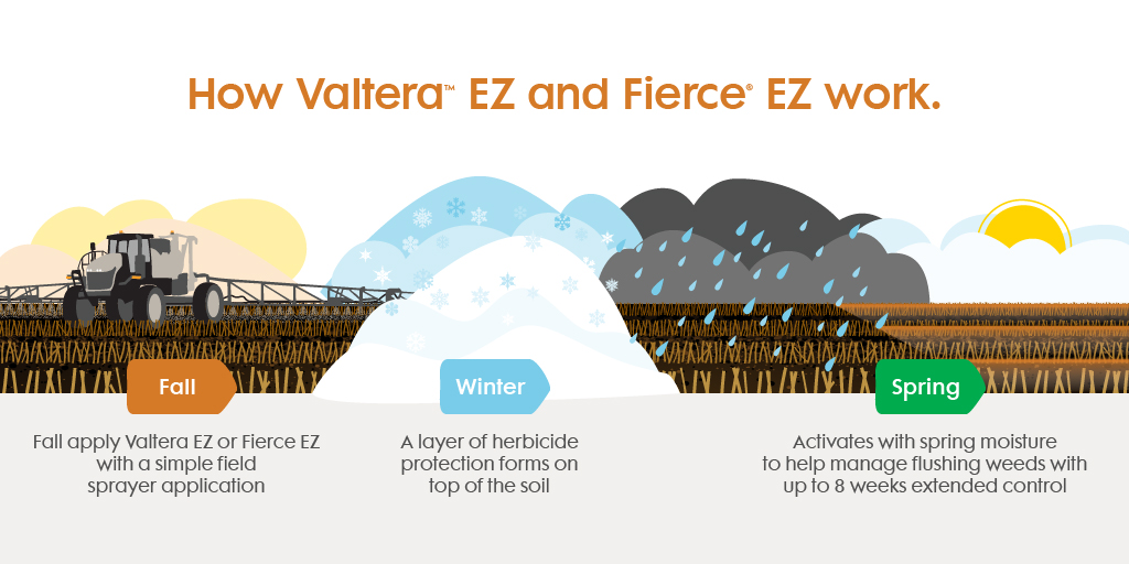 NufarmCA's tweet photo. Save time in the spring and give your crops a head start with up to 8 weeks of residual weed control. Apply #Valtera EZ or #Fierce EZ after harvest and before freeze up when the soil temperature is below 10° C. https://t.co/aMQTE18GgN #WestCdnAg https://t.co/nOpilEIXN9