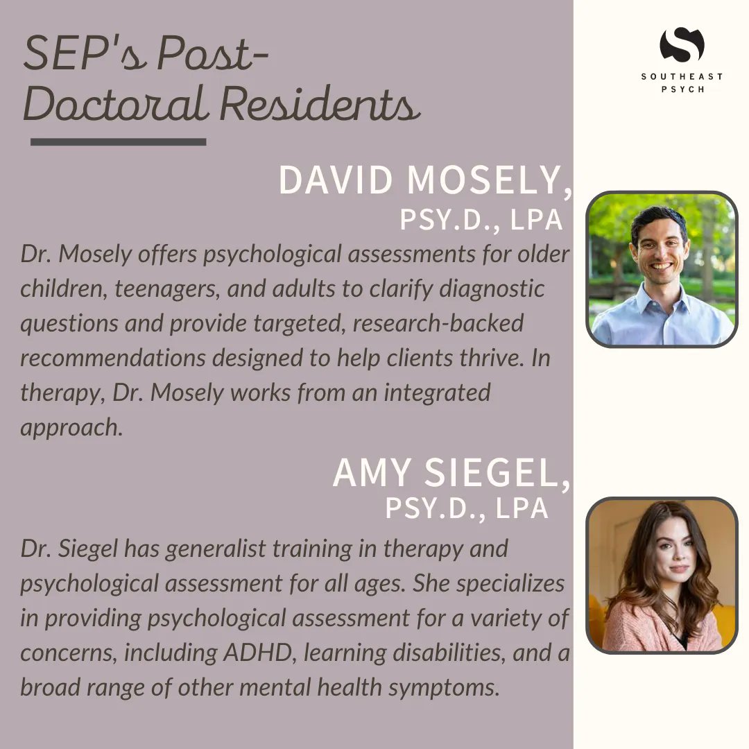 Introducing our Post-Doctoral Interns/Residents! Dr. Siegel and Dr. Mosely offer psychological assessment and therapeutic services. Check out our website to read more about these two amazing clinicians! . . #postdoc #interns #postdocinterns #postdocresidents #charlottecounselors
