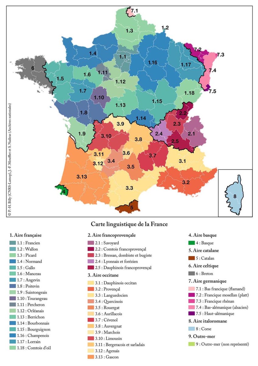 #Carte linguistique de la France
Auteur : Pierre-Henri Billy (CNRS-Lamop)
Source : reddit.com/r/MapPorn/comm…