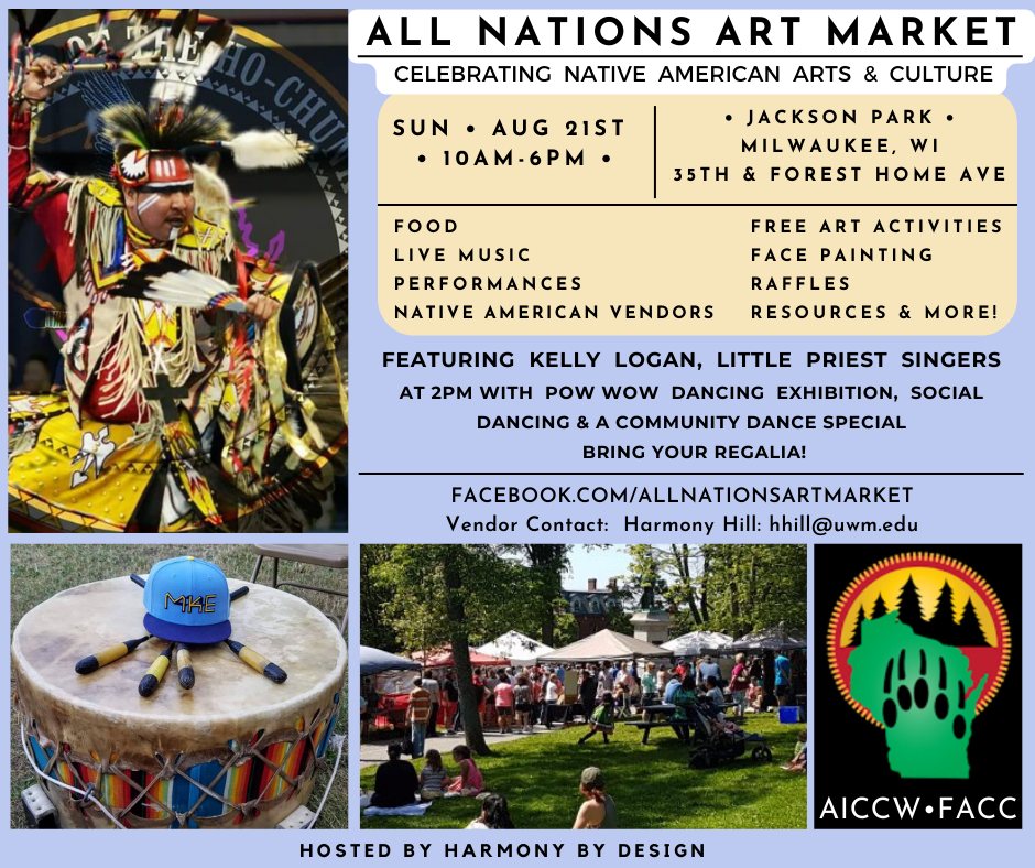 ICSMilwaukee's tweet photo. All Nations Art Market, Celebrating Native American Arts &amp; Culture is a must-see event! Sun., Aug 21st, 10AM to 6PM at Jackson Park in Milwaukee. Food, live music, pow wow dancing, Native vendors, resources (FRC will be there!) &amp; more. See the flyer for more info. #ICSEagles https://t.co/2PQLJpeu7g